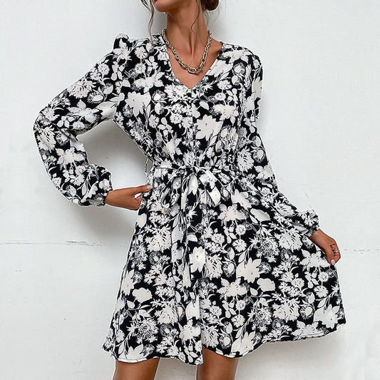 V-neck Long-sleeved Printed Dress